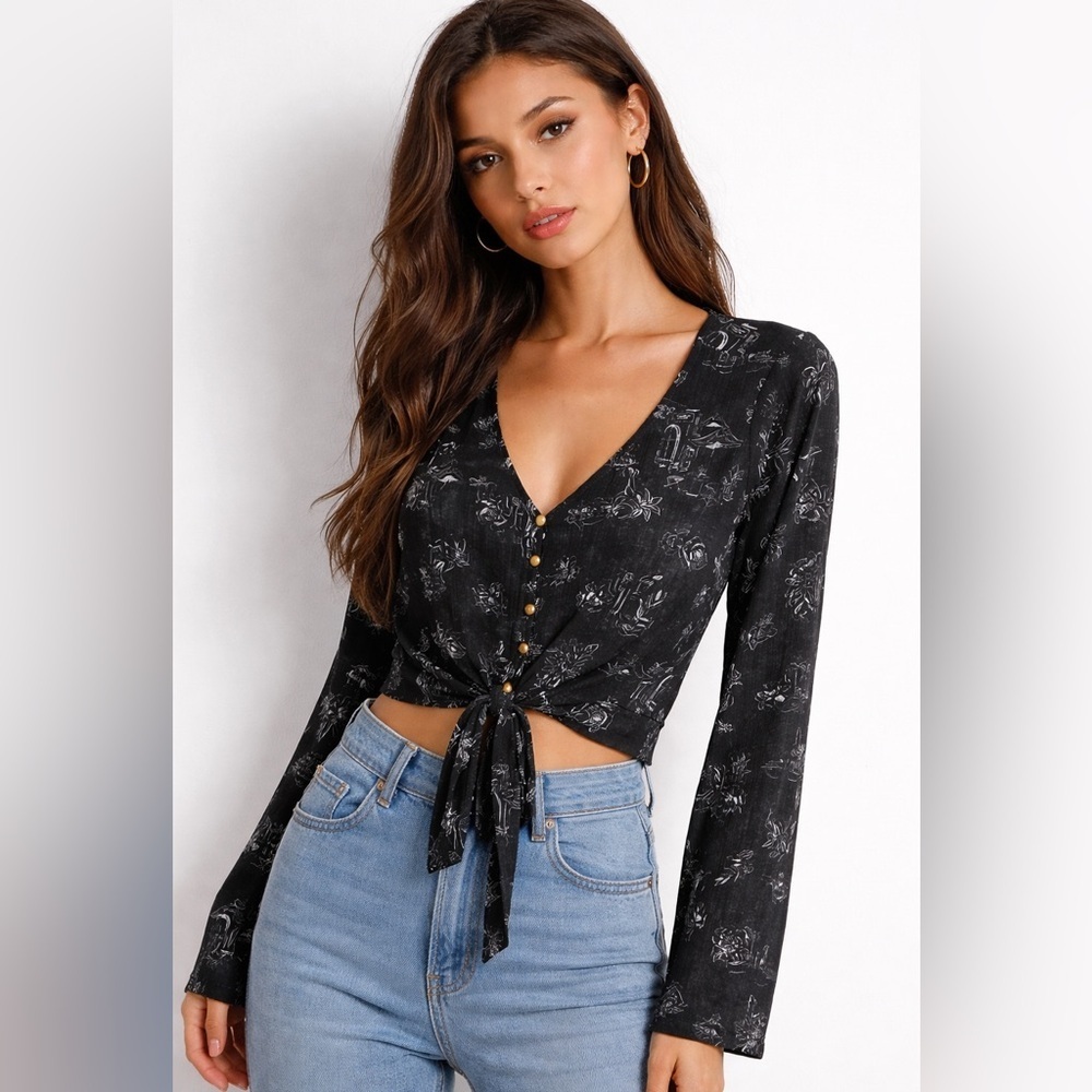 Torrid button up semi cropped blouse black tie front 2X